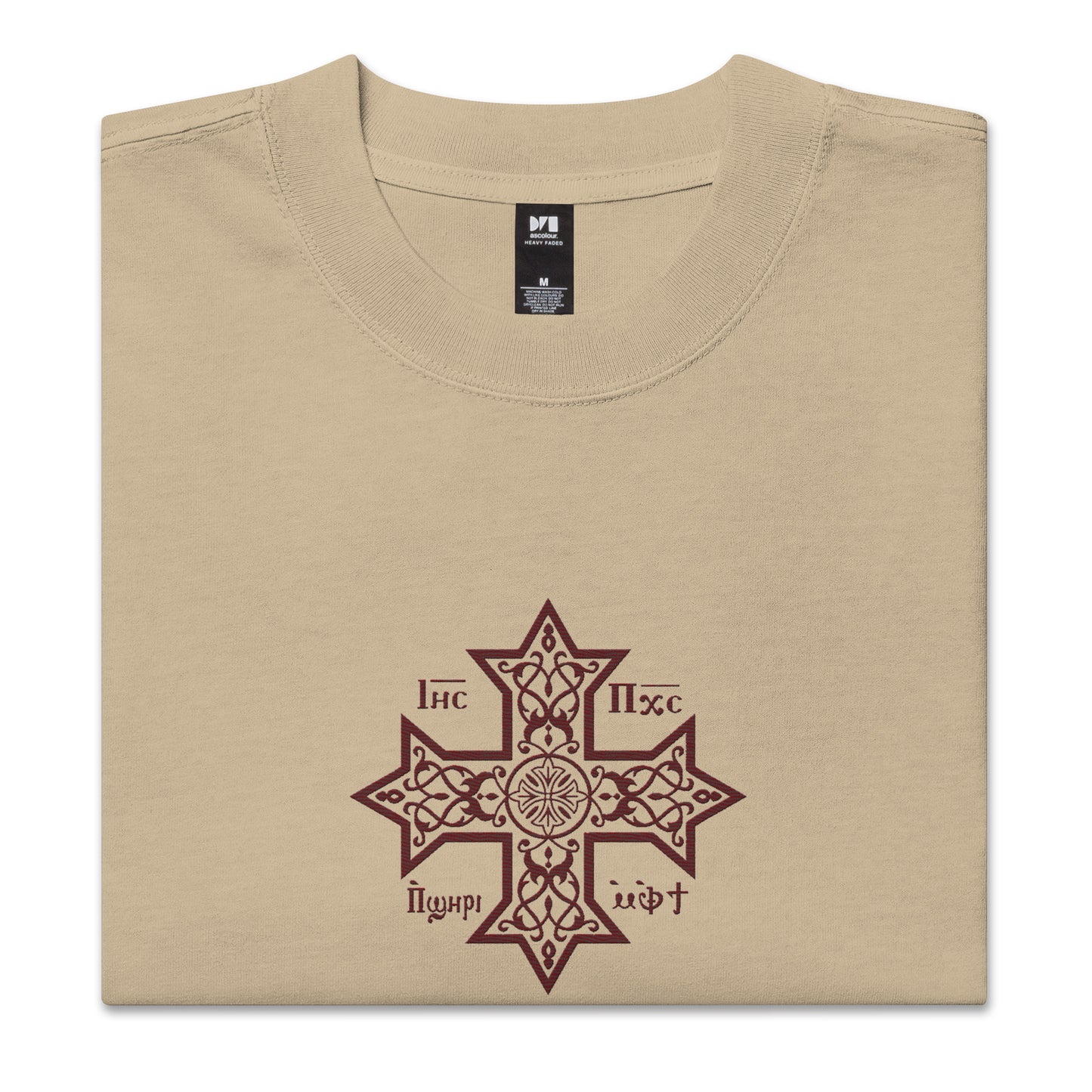 Embroidered Oversized Faded T-shirt - Coptic Cross